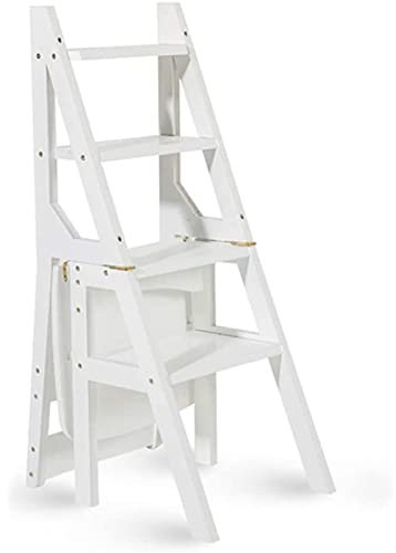 Scaletta in Legno 4 gradini trasformabili Scaletta Pieghevole Schienale Sedia Sgabello per Bambini e Adulti, Sgabello Alto Attrezzo da Giardino per la casa Carico Massimo 150 kg/Bianco