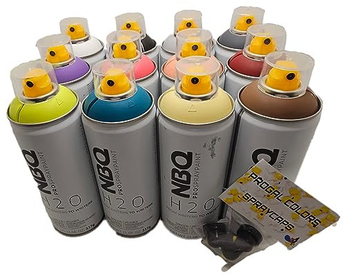 PROGAL COLORS NBQ Pro Spray PAint, 12 Flaschen (H2O 12 x 400 ml + 3 x Diffusor), Sprühfarbe auf Wasserbasis, geruchsarm, Graffiti-Muralismus, matte Farbe (SUPPORT PARTY TIME)