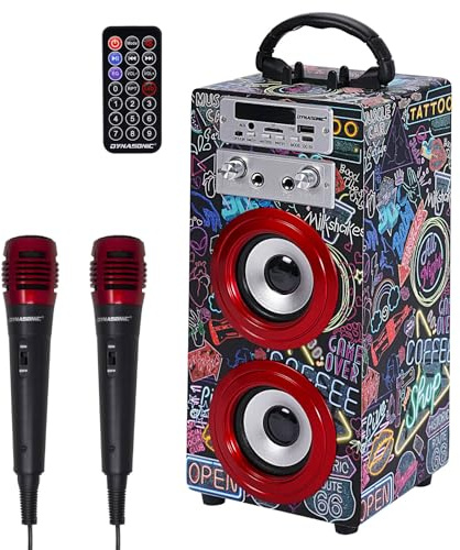 DYNASONIC - 3. Gen Tragbarer Bluetooth Lautsprecher mit Karaoke und Mikrofon, FM-Radio und USB-SD-Lesegerät (Modell 025) (025-21 Lights)