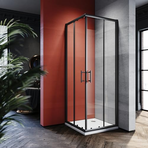 SONNI Cabine de douche d'angle 76 x 76 cm sans receveur de douche, porte de douche noire en verre de sécurité, porte coulissante, douche d'angle