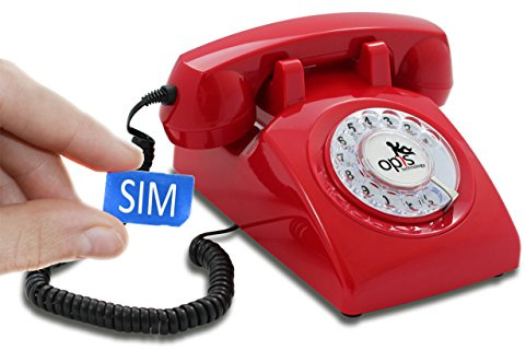 Opis Technology 60s Mobile 4G Retro Design Desk Phone with SIM, Red | Rotary dial and a real metal bell, in a true 1960s shape. VoLTE on 4G and 5G, no landline or contract.