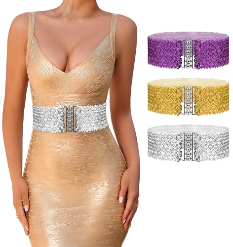 FEOYA 3 Stück Pailletten Gürtel für Damen Mädchen Vintage Glitzer Breite Taille Elastische Cinch Gürtel für 70er 80er Kostüm Party Lila, Gold, Silber