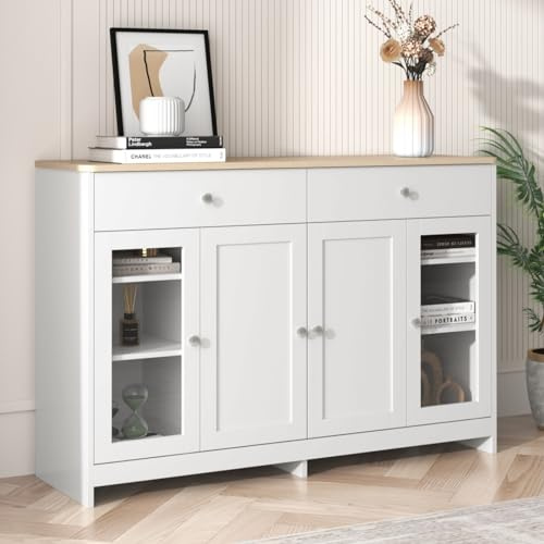 KOMHTOM Weiße Kommode mit Glasfenster, Sideboard mit 2 Schubladen und 4 Türen, Mehrzweckschrank für Wohnzimmer Küche Diele Schlafzimmer 120 x 37 x 80cm(C)
