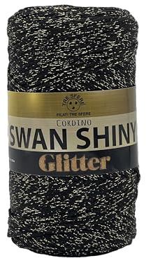 filati italiani cordini laminati Swan Glitter 500g - 450 metri per borse handmade e molto altro ancora (nero/oro, SHINY GLITTER)