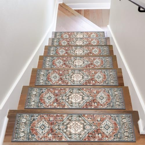 OJIA Stair Treads Non Slip for Wooden Steps 15PC Carpet Stair Treads Runner | Indoor Stair Carpet Treads 8x30 Rubber Backing Staircase Step Treads Edging Stair Rugs for Kids & Pets, Rust Red