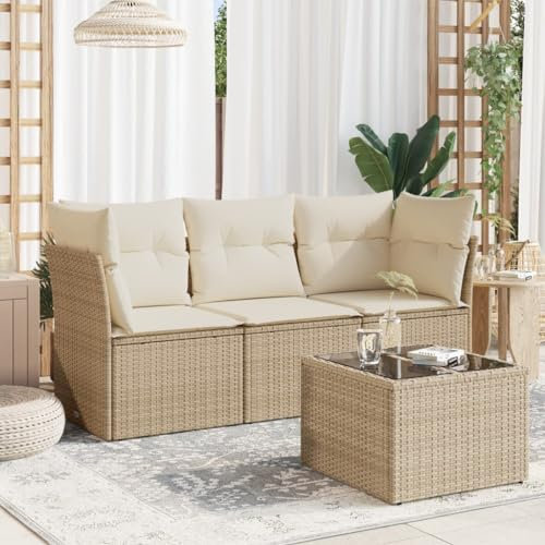 Homgoday Gartenmöbel Set 4-TLG. Gartenlounge Sofa Gartensofa 3-Sitzer mit Gartentisch Balkon Lounge Sofa Ecksofa Garten Sitzgruppe Balkonmöbel mit Kissen Beige Poly Rattan