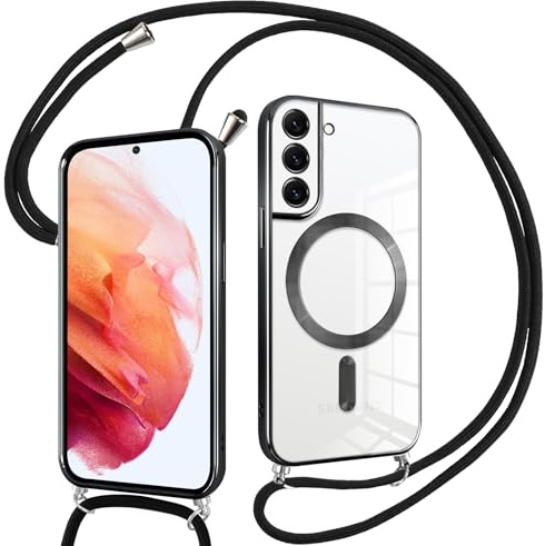 Pnakqil Magnetisch Hülle für Samsung Galaxy S21 5G mit Band, Kompatibel mit MagSafe, Handyhülle Durchsichtig Dünn Silikon mit Handyband Kordel, Stoßfest Schutzhülle für Samsung S21 5G, Schwarz
