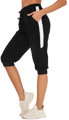 Litherday Pantaloni Sportivi Donna 3/4 Estivi Cotone con Tasche Laterali e Vita Comoda per Fitness Jogging e Tempo Libero Nero M