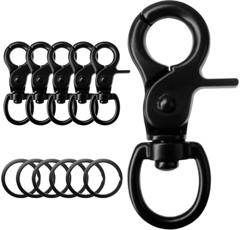 Hevysuo 6 Stück Karabinerhaken mit Drehgelenk,Zinklegierung Schwarze Dreh-Karabiner mit 8 Stk Schlüsselanhänger für Hundekette,Katzengürtel,Schlüsselketten,Kameragürtel,60 mm Länge