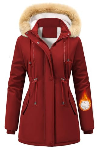 Nadeer Parka Donna Cappotti Invernali Foderato in Pile Giacca con Cappuccio in Pelliccia Sintetica Cappotto Imbottito Giubbotto con Tasche(Rosso vino,L)