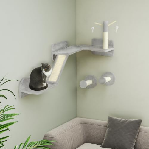 PawHut Cat Wall Furniture 3 Piece Cat Shelves for Indoor Kittens Light Grey | Scratching Posts, Scratching Pads, Perches, Wands, Toy Balls, Corner Design, Kitty Wall Shelves