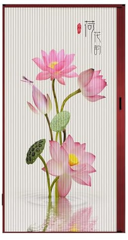 Concertina Door Custom Size Internal Folding Shade Doors with Lotus Pattern, Aluminium Track System, Non-Woven Fabrics, Sliding Door for Hallway Entry Cabinet Laundry Room(26x80in(66x203.2cm))