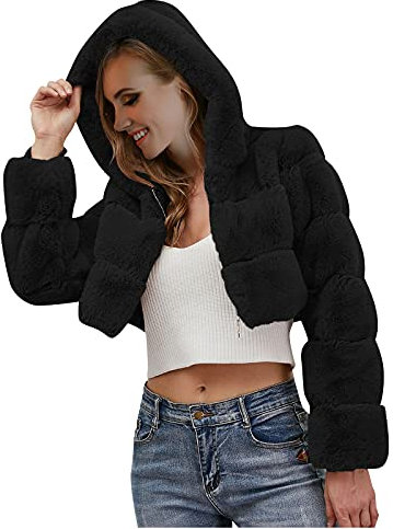 Komiseup Fleecejacke Damen, Winterjacke Damen Kurze Winter Pelzmantel Elegant Kunstpelz Jacke Offener Front Wintermantel Dick Plüschjacke mit Kapuze Faux Pelz Coat Warme Kunstfell Oberbekleidung 15