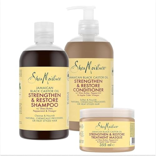 SheaMoisture Jamaican Black Castor Oil Haarpflege-Bundle Shampoo 1x 384ml, Spülung 1x 384ml, Treatment Maske 1x 355ml für natürliches, chemisch behandeltes oder hitzegestyltes Haar - 3 Stück