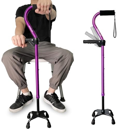 Quad Walking Cane Adjustable Stick Men & Women and Seniors - Lightweight & Sturdy with 4-Pronged Base for Extra Stability Balance,Self Standing Foam Padded Offset Handle for Soft Grip (purple)