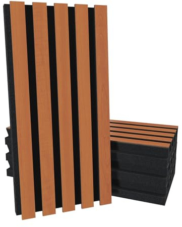 4 Pack — Acoustic Slat Wood (HDF) Pole-HALF Wall Panel Set | Sound Absorption & Diffusion | Noise Reduction & Stylish Decor | 50x25cm | Color: [H-POLE-53mm | Cherry]