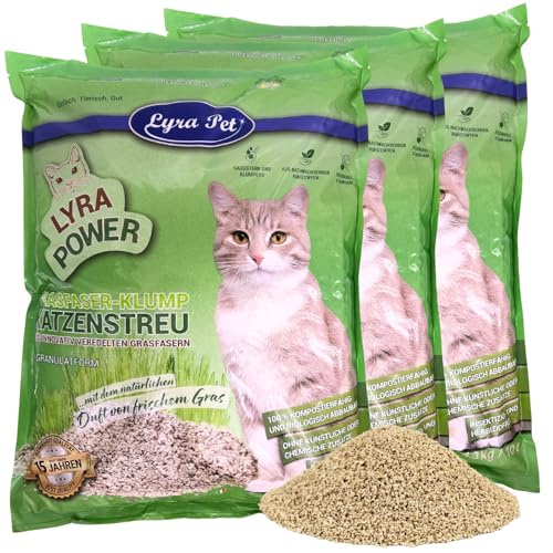 Lyra Pet® 3 x 10 Liter Lyra Power Grasfaser Katzenstreu klumpend Klumpstreu | Natürliche, biologisch abbaubare Klumpstreu - 500 % Saugkraft - Auch für empfindliche Katzen - Staubarm für saubere Wohnung