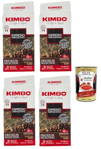 Kimbo Espresso napoletano, caffe' italiano, Caffè Macinato, Italian Café moulu, convient pour cafetière Moka, Lot de 4x 250 gr + Italian Gourmet polpa 400g