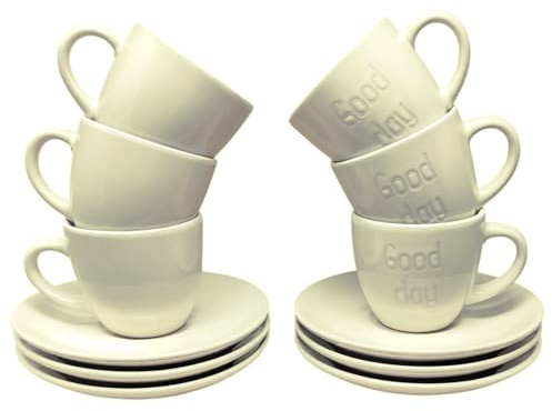 CUCUBA Set 6 Tazzine da Caffè in Ceramica Scritta Good Day con Piattini 70ml Lavabili Colore Panna