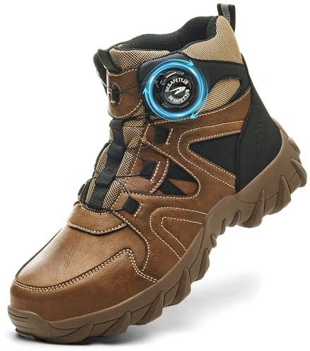 COOU Bottes de travail légères avec embout en acier pour homme et femme - Antidérapantes et confortables - Avec lacets pivotants, C13 Marron, 6.5 UK