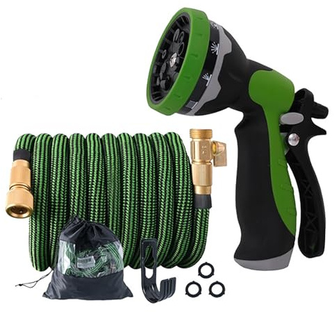 Flexibler Gartenschlauch Mit 10 Funktion Premium, Vollmessing Adapter Für 1/2' 3/4' Zoll, Tasche, 2-Wege Ventil Und Wandhalterung(50FT)