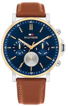 Tommy Hilfiger analog multifunktion kvartsur för män med brunt läderarmband - 1710703