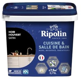 RIPOLIN - Peinture Intérieure Cuisine et Bain – Murs, Boiseries & Radiateurs - Adapté Pièces Humides - Effet Perlant - Lessivable - Haute Résistance - Noir Houvert - Satin - 0L75