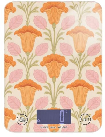 Bilancia digitale per alimenti con motivo floreale arancione vintage, bilancia digitale da 5 kg/5 g, con 4 unità per la preparazione dei pasti (batterie non incluse)