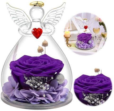 Sifxouped Ewige Rose Engel Geschenke für Mama, mit Geburtstagsgeschenk für Frauen, Ewige Rose im Glas Engel Figur Geschenke für Frauen, Oma Geschenk,Schutzengel Weihnachten Muttertagsgeschenk (Lila)