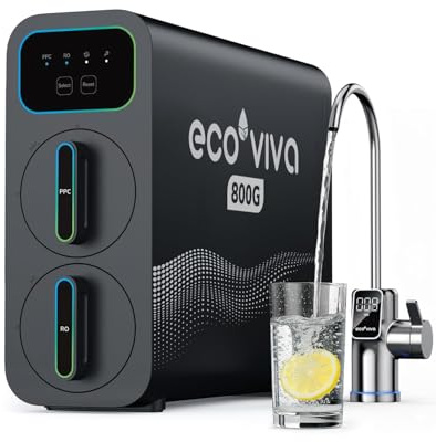 Ecoviva Sistema de ósmosis inversa E8, 800 GPD (3028 l/día), filtro de agua potable, 9 etapas de filtrado RO filtro de agua bajo mesa, reducción TDS, relación ahorro 2.5:1, sin depósito, negro