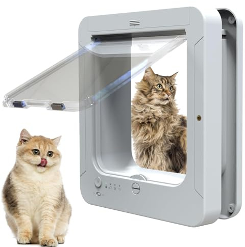 Microchip Cat Flap, Deluxe Mart Cat Tür, Selective Eingang, Mit 2 Sensorösen Und 1 Fernbedienung, Microchip Katentür für Katzen & kleine Hunde, Öffnungsgröße: 7 7/8 X 7 1/2, Für Haustiere weiß