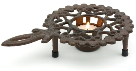 CKB LTD Cast Iron Round Teapot Warmer with Handle – Traditional Vintage Tea Light Heater Stand, Rustic Brown Metal Base for Keeping Pots, Coffee Mugs, Food Plates Hot