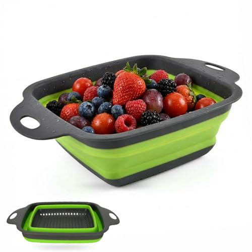 Collapsible Silicone Colander Basket with Handles, Square Folding Kitchen Strainer, Grey and Green Pasta Vegetable Fruit Drainer, Space Saving Plastic Colander for Sink