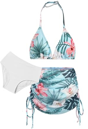Arshiner Niñas Conjunto de Bikini 3 Piezas Niños Cuello Halter Tankini de Tres Piezas con Falda Verano Impresión Traje de Baño Bikinis para Niñas 14-15 Años