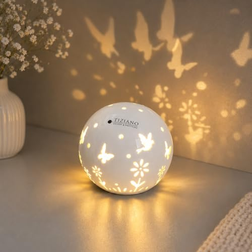 Tiziano® Deko Lichtkugeln LED Creme-weiß (12cm) - Hochwertige Keramik mit glänzendem Frühlingsmuster für stimmungsvolle Beleuchtung - Ideal für Wohnzimmer & Fensterbank