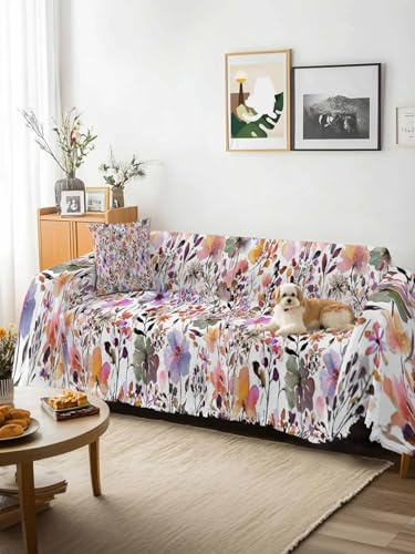Watercolor Floral Sofa Cover Blanket Couch Covers for Armchair Cushion,Couch Sofa Silpcover with Tassel,Spring Flowers Plants Modern Rustic Living Room Bedroom Throw Towel Blanket Covers XX-L 71x150