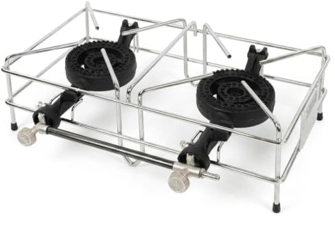 Réchaud à Gaz 2 Feux Fonte, 8 kW, Consommation 580 g/h, Butane/Propane, Idéal pour Camping et Extérieur, Fabriqué en Italie, Idéal Extérieur et Jardin