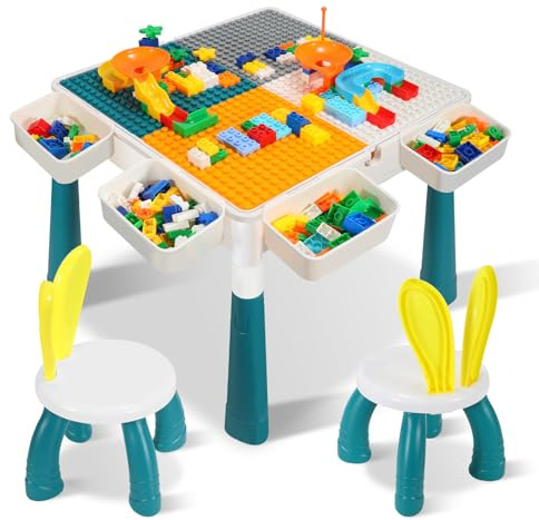 Jayseuw Barnbord med 2 stolar spelbord med 251 stycken byggstenar multifunktionellt aktivitetsbordsset, höjdjusterbart multifunktionellt aktivitetsbord, byggstenar set
