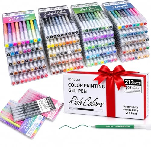 SYACOLOR Languo - Lot de 213 Stylos Gel Couleurs - Stylo Gel pour Dessin, Coloriage, Griffonnage, Artisanat, Scrapbooking, journaling, loisirs créatifs