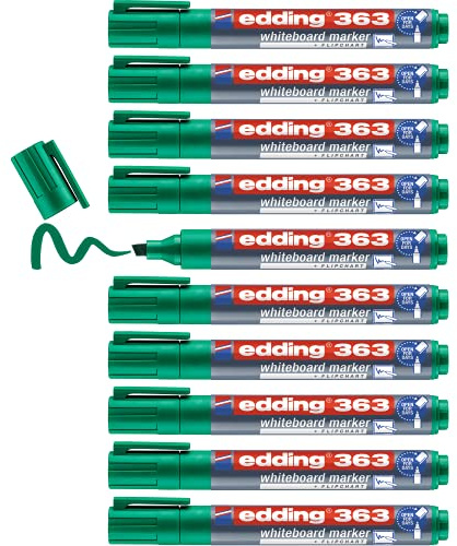 edding 363 whiteboard marker - green - 10 whiteboard pens - chisel tip 1-5 mm - whiteboard pen dry wipe - for whiteboards, flipcharts, pinboards, magnetic and memo boards - sketchnotes - refillable