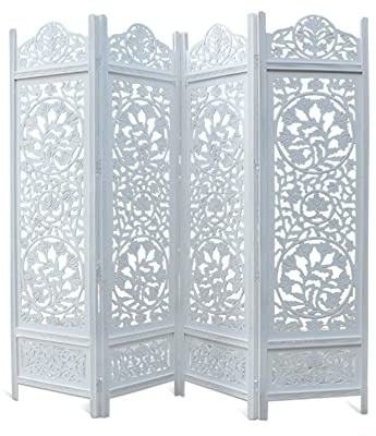COTTON CRAFT Room Divider Wood Floor Screen - Kamal Antique White 4 Folding Panel 72x80 - Portable Reversible Functional Decorative Partition - Reversible Boho Freestanding Small Spaces Privacy