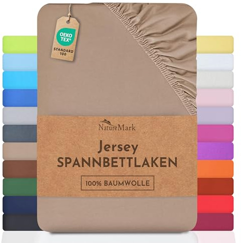 NatureMark Jersey Spannbettlaken, Spannbetttuch 100% Baumwolle in vielen Größen und Farben MARKENQUALITÄT ÖKOTEX Standard 100 | 90 x 200 cm - 100 x 200 cm - Sand/beige