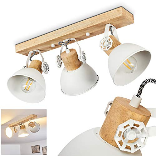 Plafoniera Orny, lampada da soffitto in metallo/legno in bianco/marrone, 3 luci, con faretti regolabili, 3 x attacco E27, faretto dal design retro/vintage, senza lampadina/e