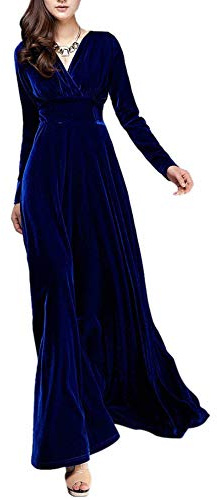 Abito vintage da donna con scollo a V in velluto elasticizzato a maniche lunghe tinta unita Maxi Party elegante abito aderente, Blu reale, XL