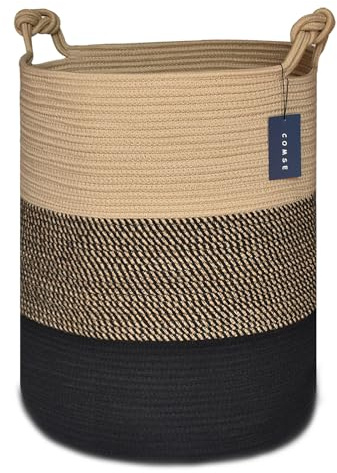 COMSE Extra großer Deckenkorb, hoher gewebter Aufbewahrungskorb, Kindergartenkorb, 39,9 x 55,1 cm, Baumwollseil, Wäschekorb für Spielzeug, Kleidung, Handtücher, Braun/Schwarz