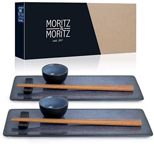 Moritz & Moritz Vajilla Sushi - Platos Sushi Ceramica - Plates Set 10 Piezas para 2 Personas - Plato Sushi con Palillos Soporte de Palillos Cuencos para Wasabi