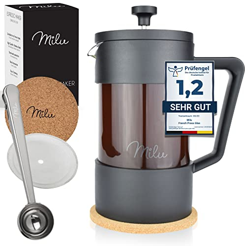Milu Caffettiera francese Pressa per Caffè | 350ml 600ml 1L | Vetro French Press Caffettiera stantuffo (Nero, 600ml (3 tazze)