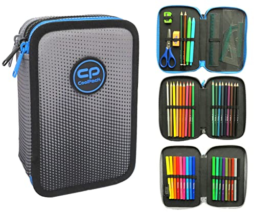 CoolPack XXL Dreifach-Federmäppchen - 3-Fach Schul-Etui für Jungen, Ombre-Design, 44-Teilig Gefüllt, 3-Stöckig