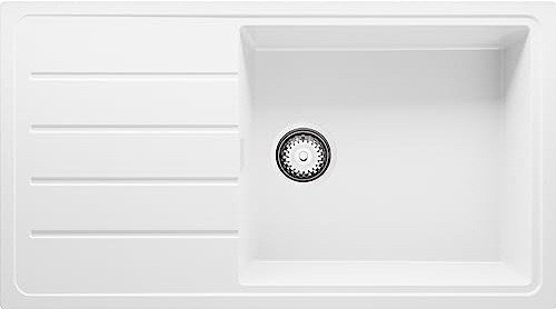 Evier Cuisine en Granit Blanc 90x50cm, Lavabo 1 bac + Kit de Vidage + Planche à Découper, Évier à Encastrer au meuble 60cm - Copenhague Top de Primagran