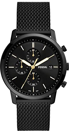 Fossil Orologio Minimalista da Uomo, Movimento cronografo al quarzo con cinturino in acciaio inossidabile o in pelle, 42 mm, Nero e oro